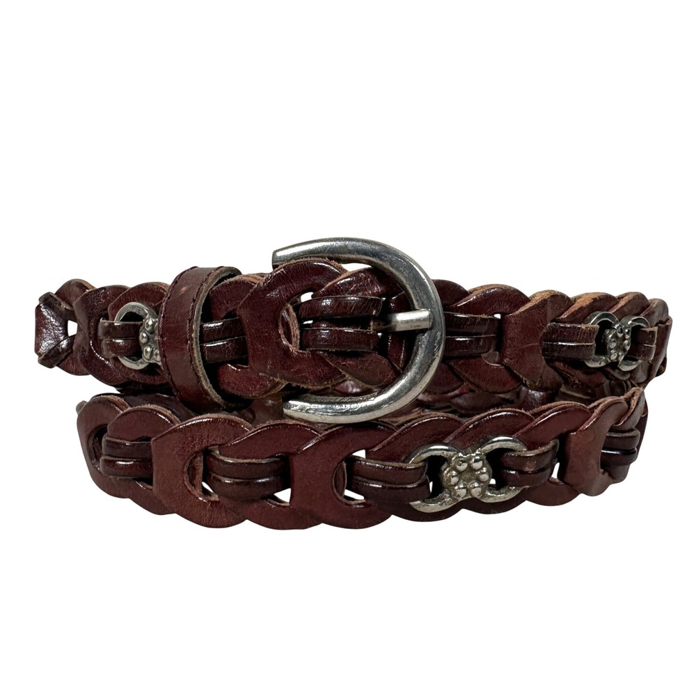 Western Brown Braided Genuine Leather Belt Silver Flower Concho Accents Size SM